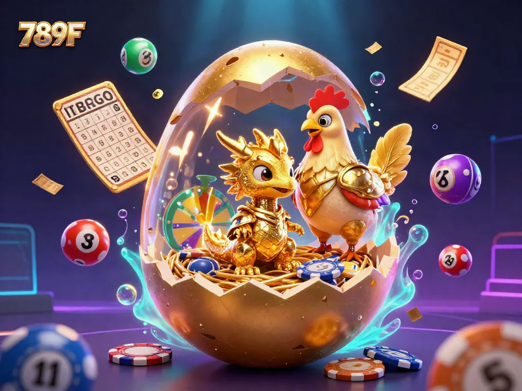 Engage in exciting gameplay with 789F featuring a golden dragon, poker chips, and vibrant lottery elements.
