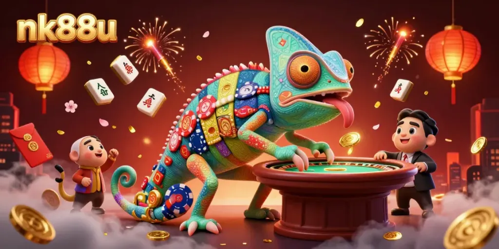 Engage with nk88u's vibrant casino world featuring a colorful chameleon and dynamic elements.