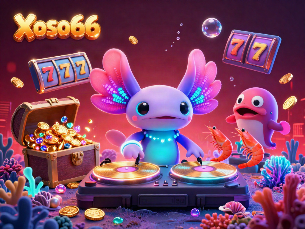 Xoso66 showcases dynamic gambling scenes with an axolotl DJ and vibrant casino elements.