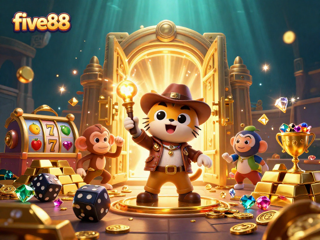 Engage with five88's thrilling casino adventure featuring an explorer cat and golden treasures.