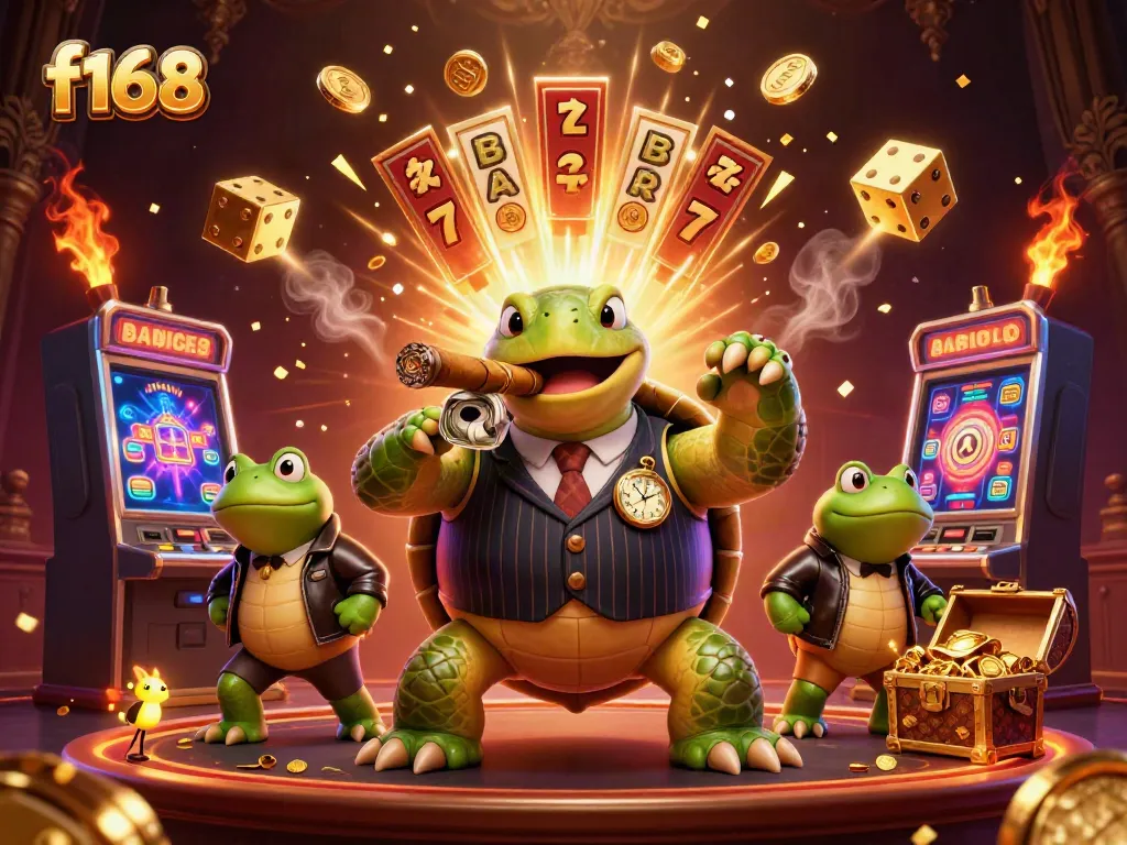 Experience the vibrant f168 casino scene with a snapping turtle in a pinstripe suit surrounded by enthralling jackpots.