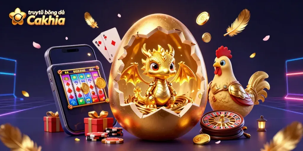 Engage with trực tiếp bóng đá Cakhia featuring a baby dragon and casino elements in a golden atmosphere.