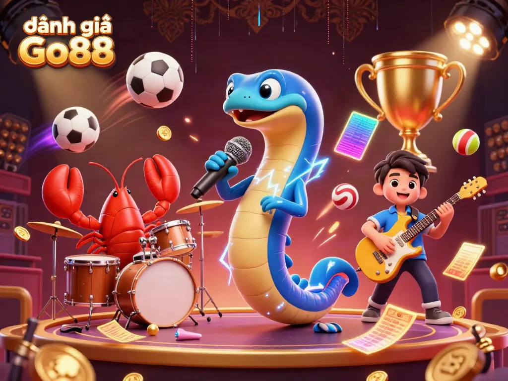 Engage with the dynamic atmosphere of đánh giá Go88, featuring an electric eel DJ and colorful casino elements.