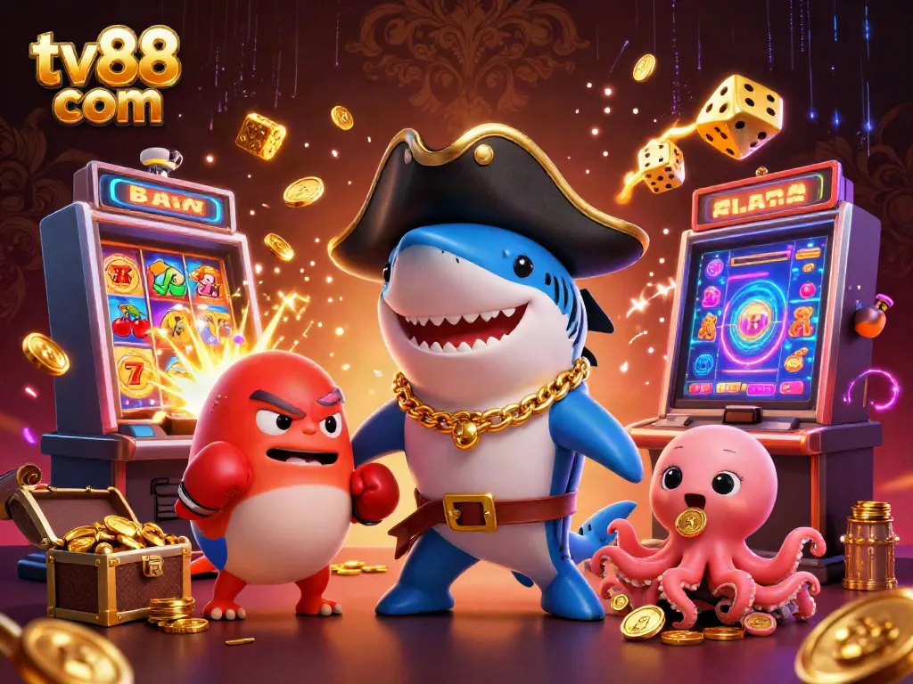 Experience thrilling slots and games at tv88 com with cartoon characters and jackpots exploding around them.