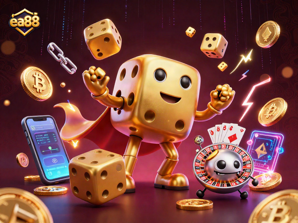 ea88 unleashes a vibrant 3D casino scene featuring a golden dice golem and cryptocurrency elements.