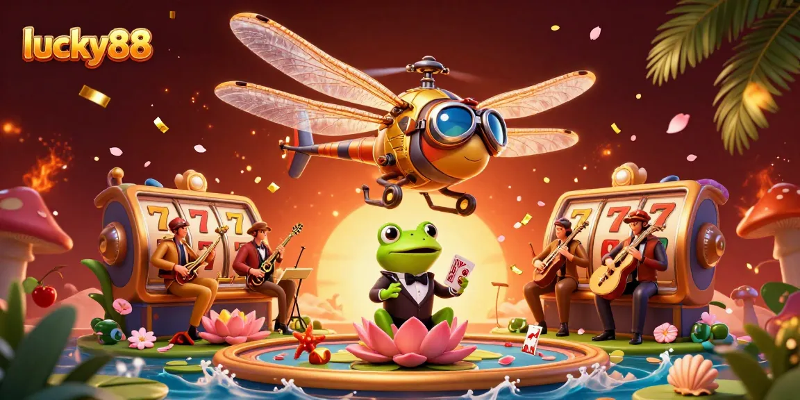 Experience the thrill of lucky88 as the frog croupier deals cards at a lily pad casino amidst vibrant slot symbols.