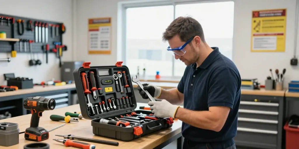 Technician organizing beta tools in a professional workshop