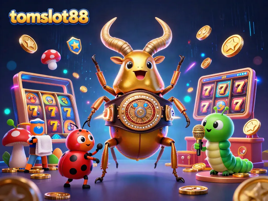 Engage with tomslot88's dynamic slot gaming scene featuring 3D characters and colorful game elements.