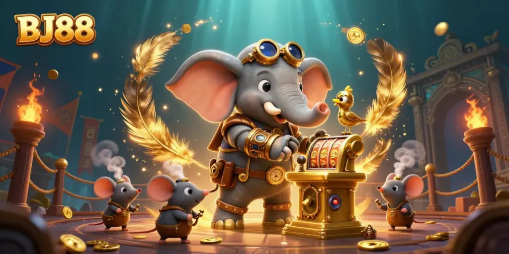 Spin the golden slot machine at BJ88, featuring a steampunk elephant engineer amidst an exciting casino scene.