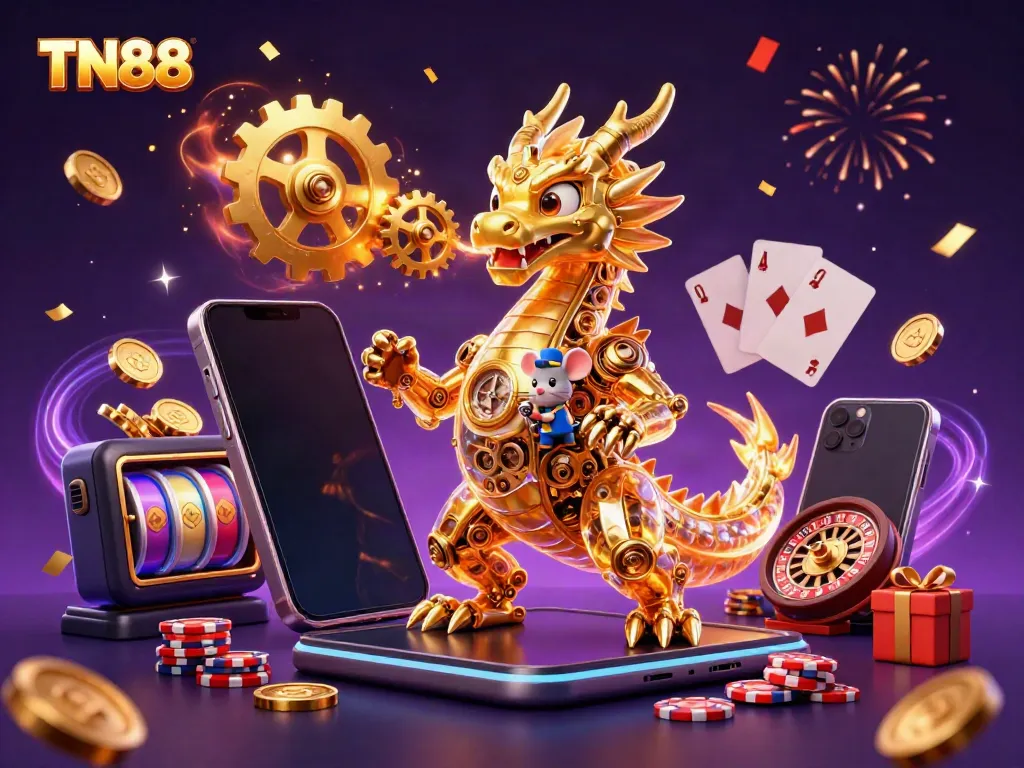 Experience the thrill of TN88 casino slots with a golden dragon and vibrant gaming elements.