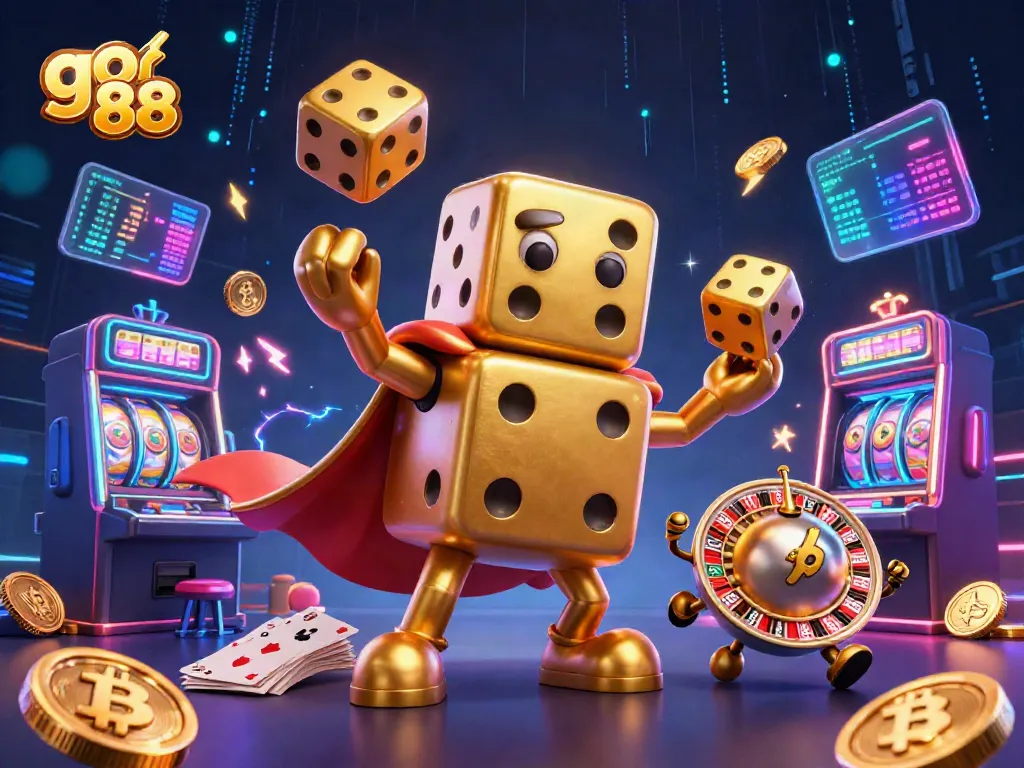 Experience thrilling gameplay at go 88 with a vibrant scene of our golden dice golem and slot machines.