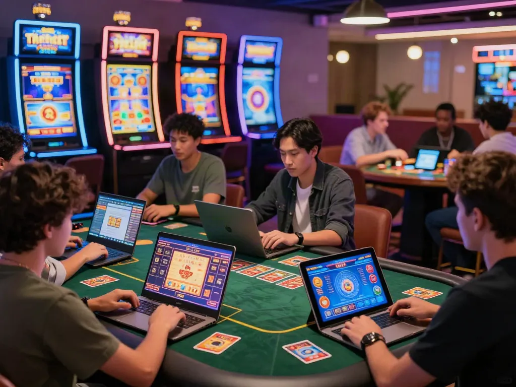 A lively non gamstop online casino scene with diverse players enjoying games on laptops and tablets.
