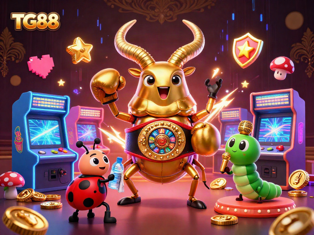 Experience TG88 with a vibrant illustration of a golden stag beetle in a casino setting, showcasing slot games.
