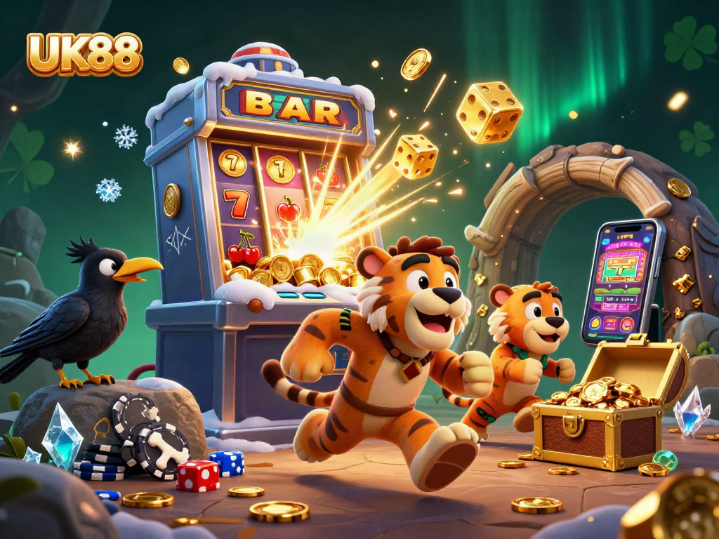 Experience thrilling gameplay with UK88 in this dynamic prehistoric casino illustration.