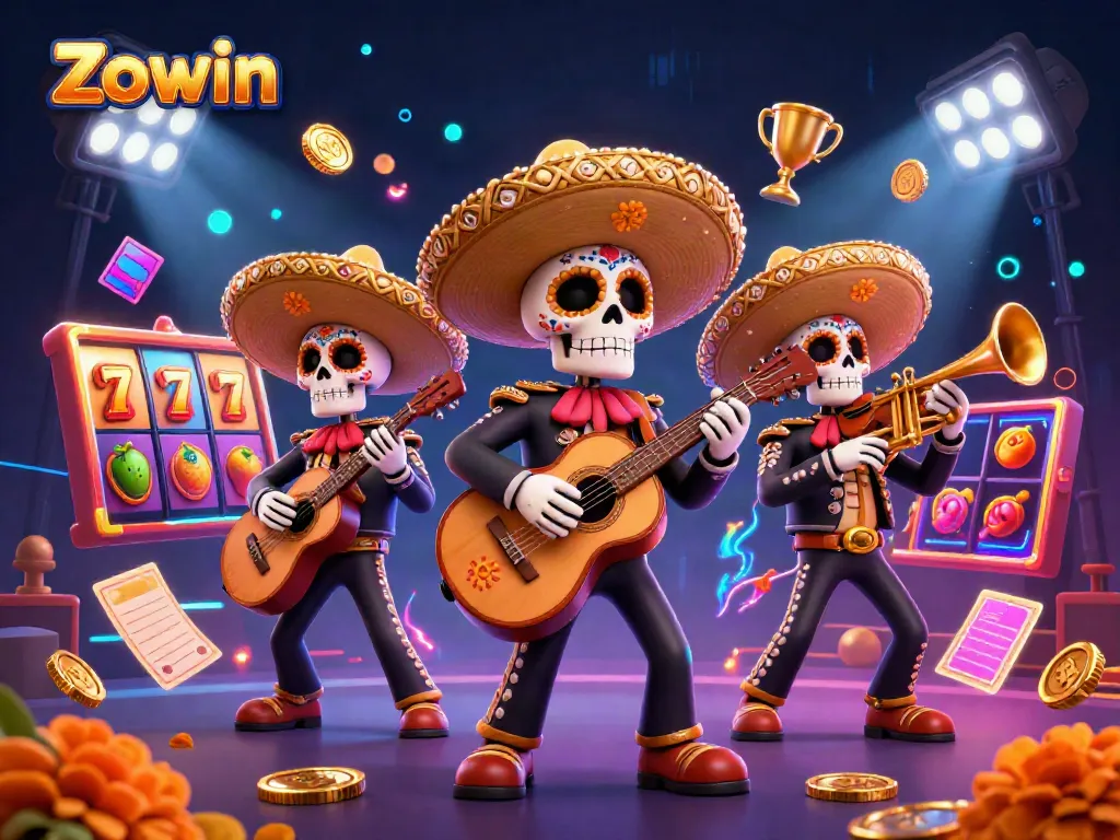Zowin slot games showcased with colorful mariachi skeletons and dynamic gaming elements
