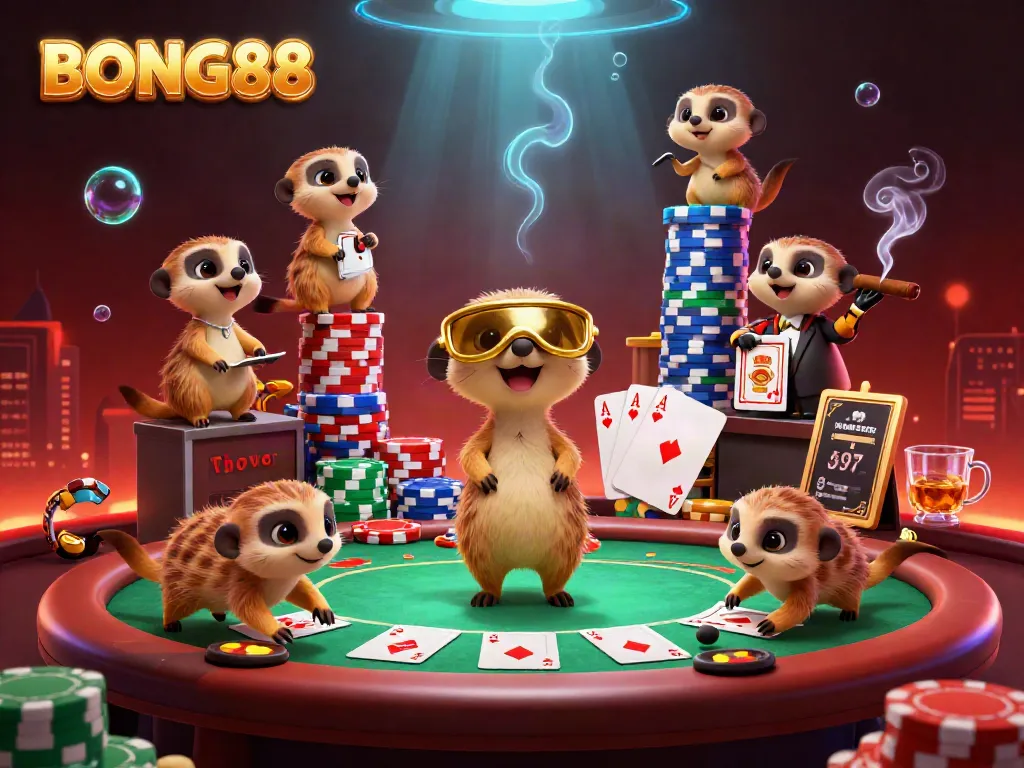 BONG88 meerkats running a vibrant casino scene with poker elements and rich colors.