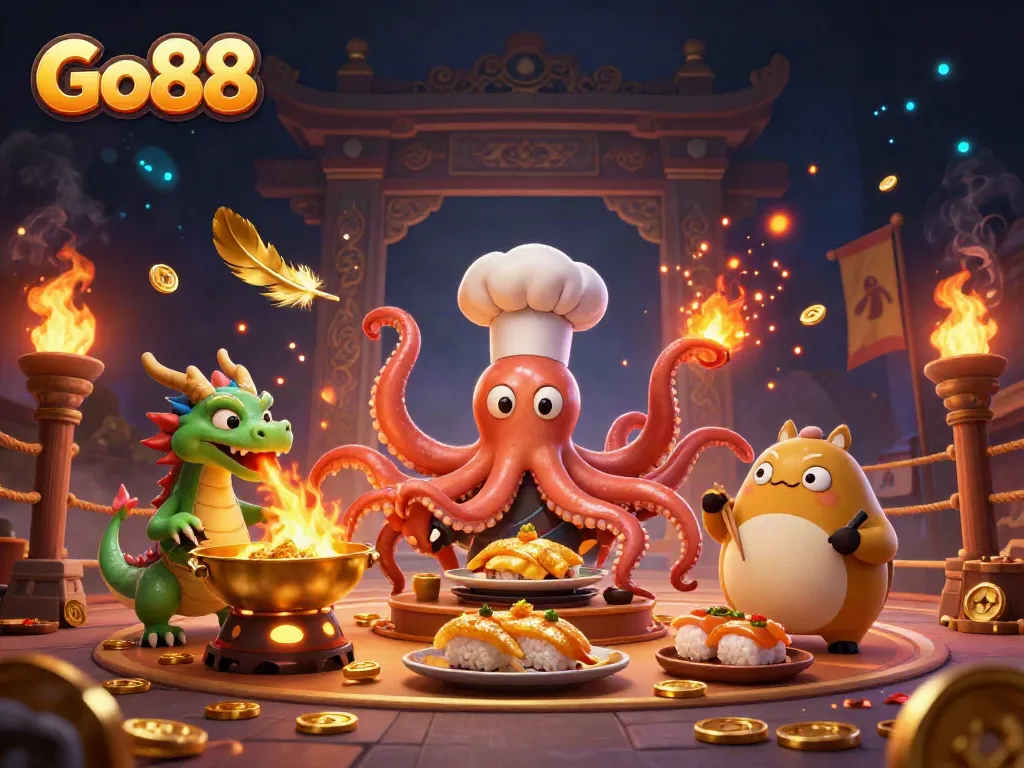 Experience the thrill of Go88 with vibrant, dynamic casino elements in a whimsical 3D scene.