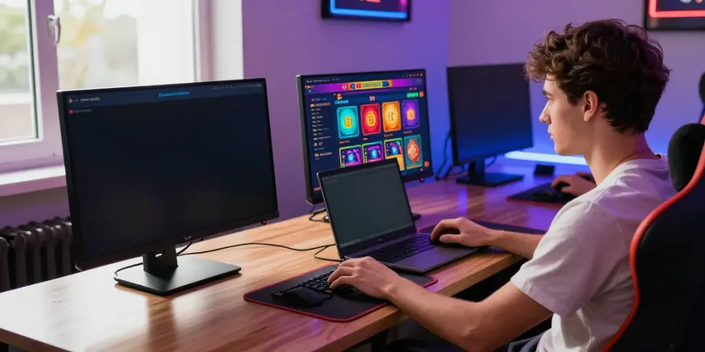 Player engaging with non GamStop online casino, vibrant gaming atmosphere with colorful graphics