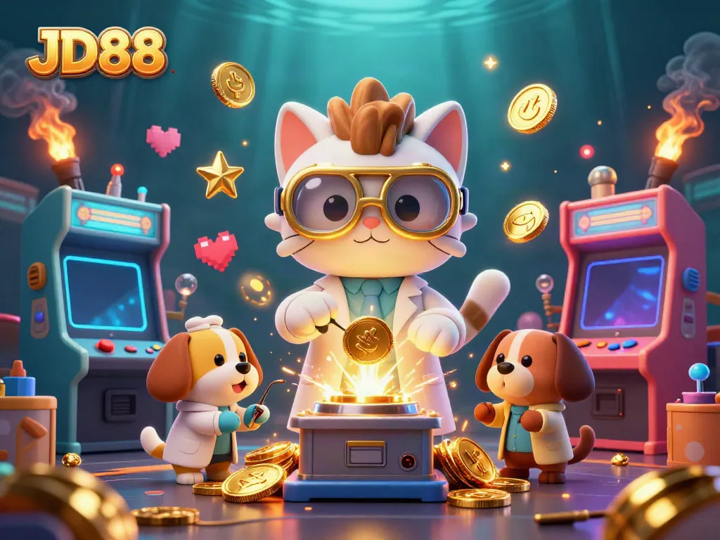 Experience JD88's dynamic gaming world with a cartoon scientist and magical casino elements.