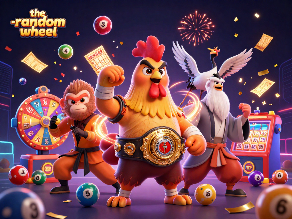 Engage with the-random-wheel's vibrant lottery scene featuring colorful elements and energetic characters ready to play.