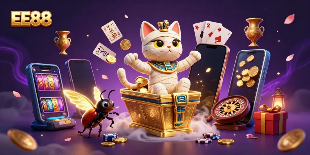 Experience EE88's thrilling gameplay with a dazzling 3D mummy cat, scarab, and floating cards in a vibrant casino atmosphere.