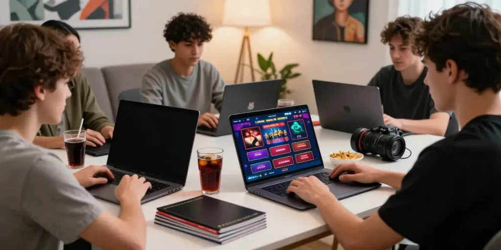 Engaged players exploring non GamStop online casinos in a cozy living room.