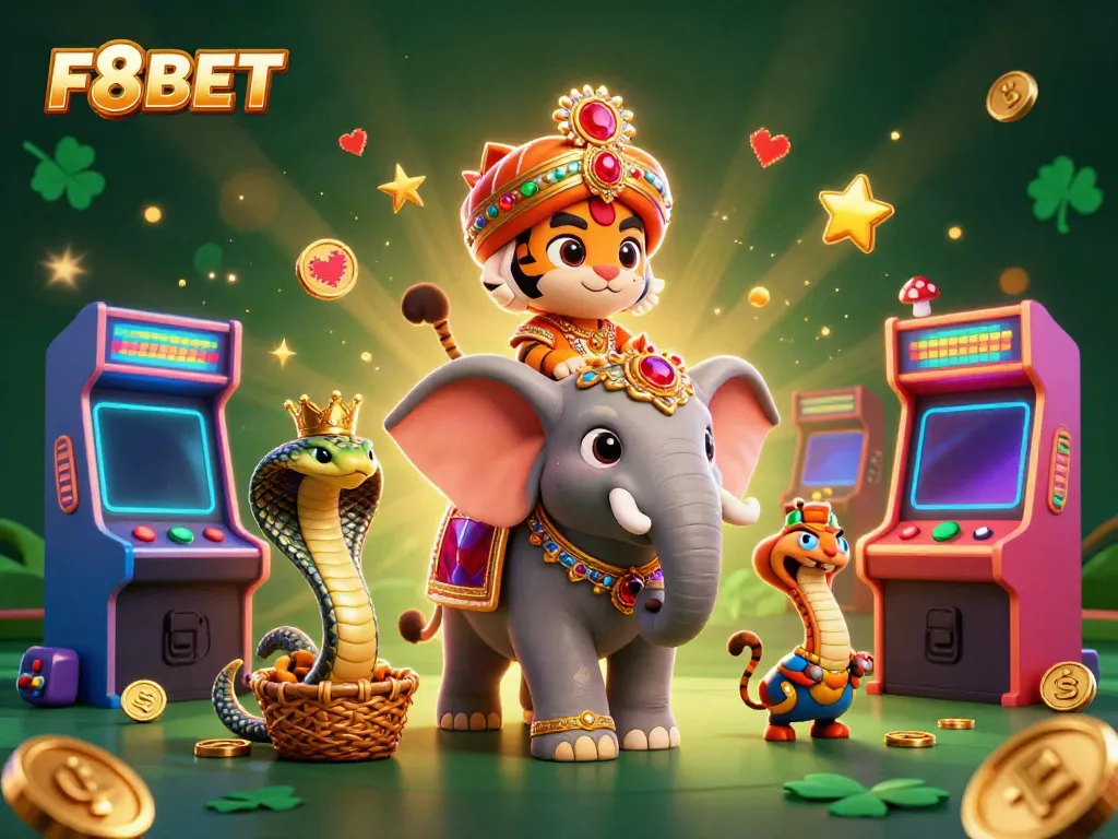 Experience F8BET's vibrant gaming atmosphere with classic arcade elements and majestic characters in a dynamic 3D illustration.