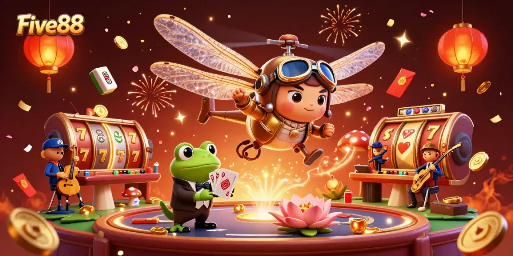 Engage in thrilling games at Five88 with a vibrant illustration depicting a dragonfly pilot and frog croupier.