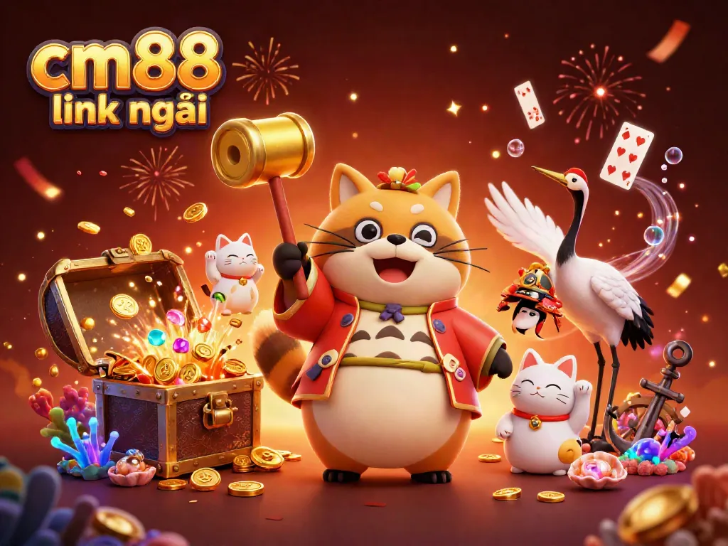Experience vibrant luck with the cm88 link mới featuring a cheerful tanuki and festive fortune cats.
