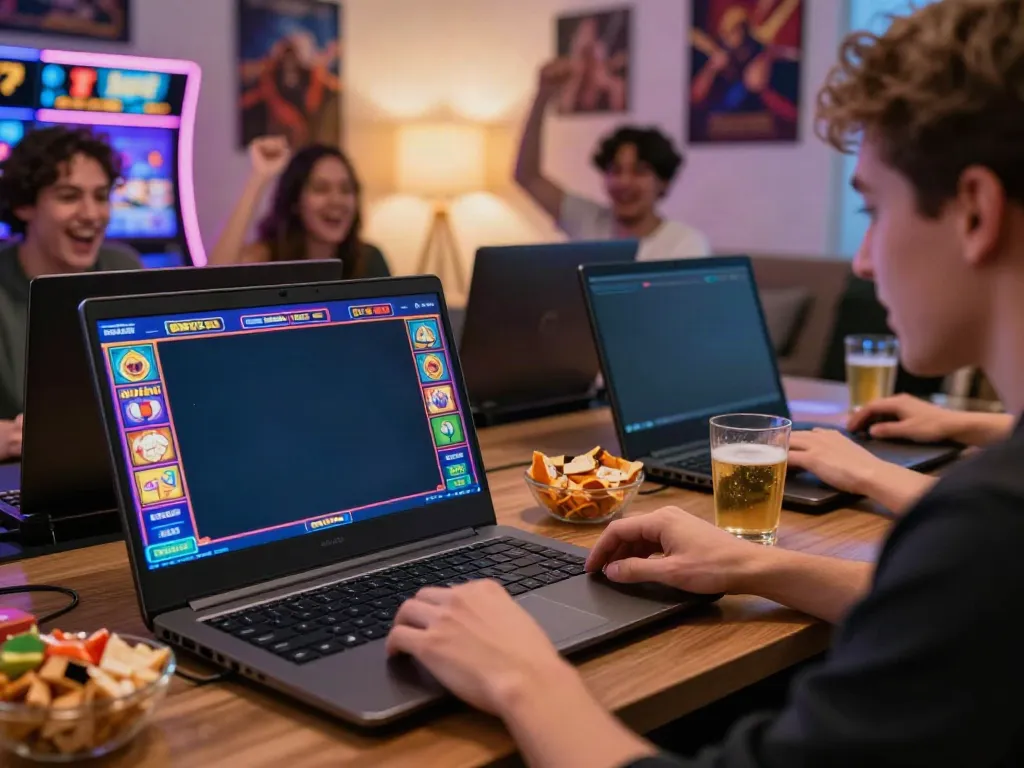 Player enjoying non gamstop gaming at home with vibrant slot graphics.