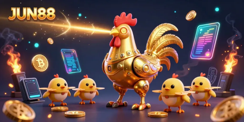 Bet on JUN88 while enjoying vibrant 3D digital casino graphics, featuring retro-futuristic characters and cryptocurrency elements.