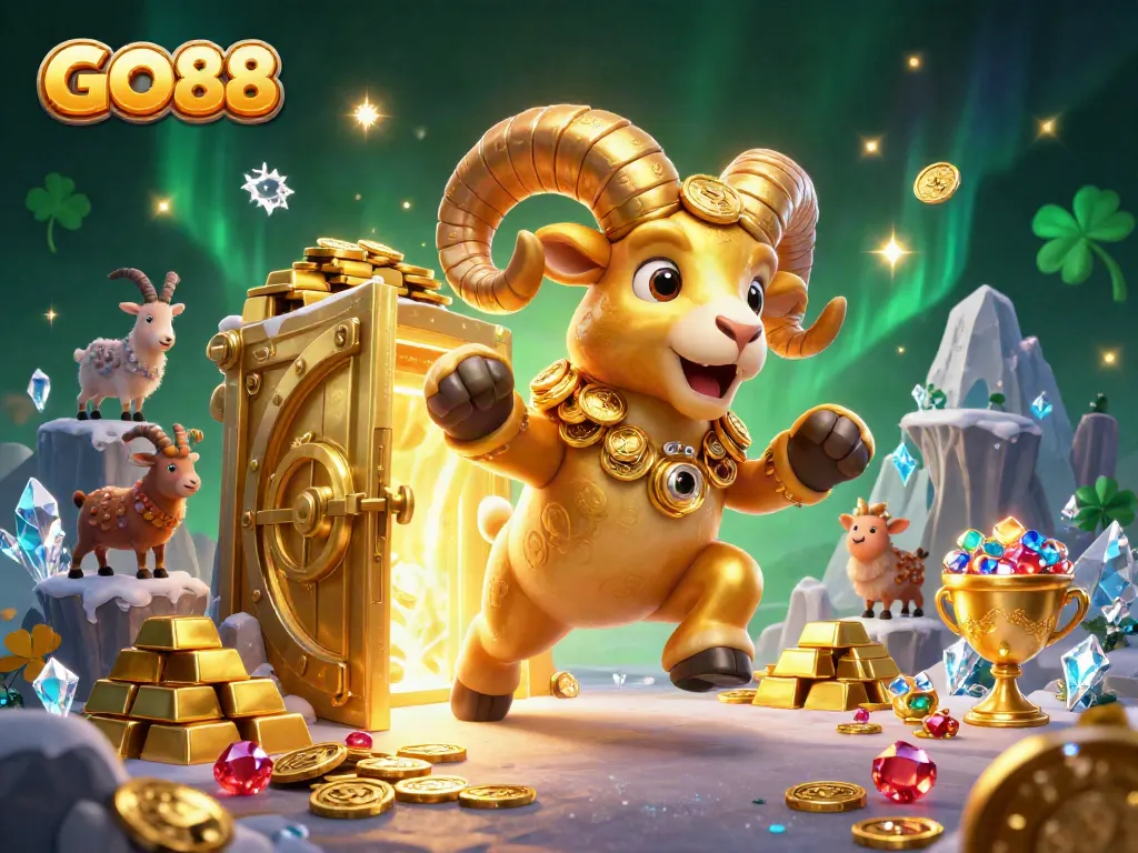 Engage in thrilling gameplay at GO88 with glittering treasures surrounded by 3D gold ram characters.