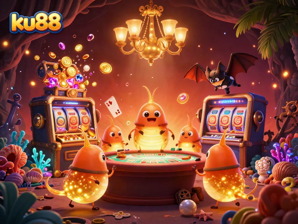 Experience exciting gameplay with ku88 in a vibrant cave casino illuminated by glowworms and a bat dealer.