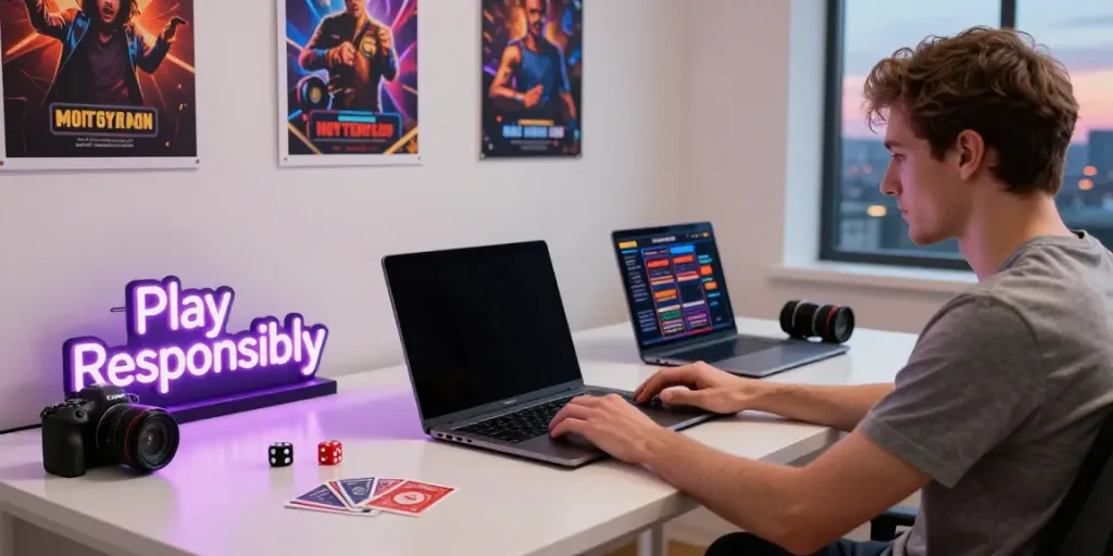 Player exploring non Gamstop casino options on a laptop in a vibrant modern gaming room.