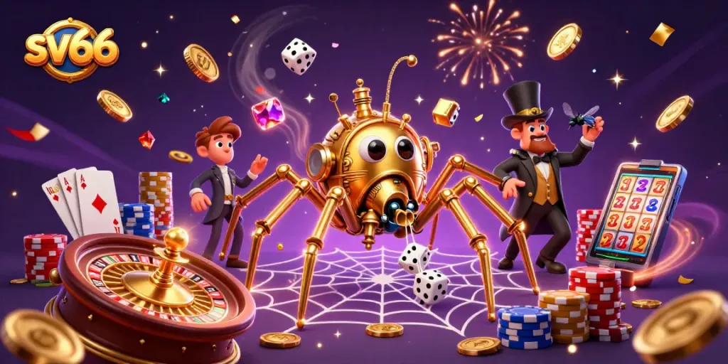 Experience exciting gambling adventures with sv66 golden spider and poker elements in a dynamic casino scene.