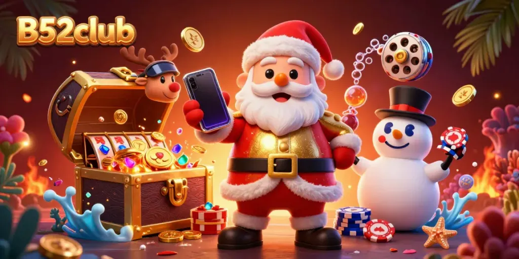 B52club showcases engaging casino fun with Santa, a reindeer dealer, and a poker chip snowman.