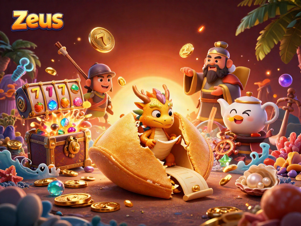Engage in thrilling gameplay with Zeus at the heart of a vibrant online casino scene filled with lucky symbols.