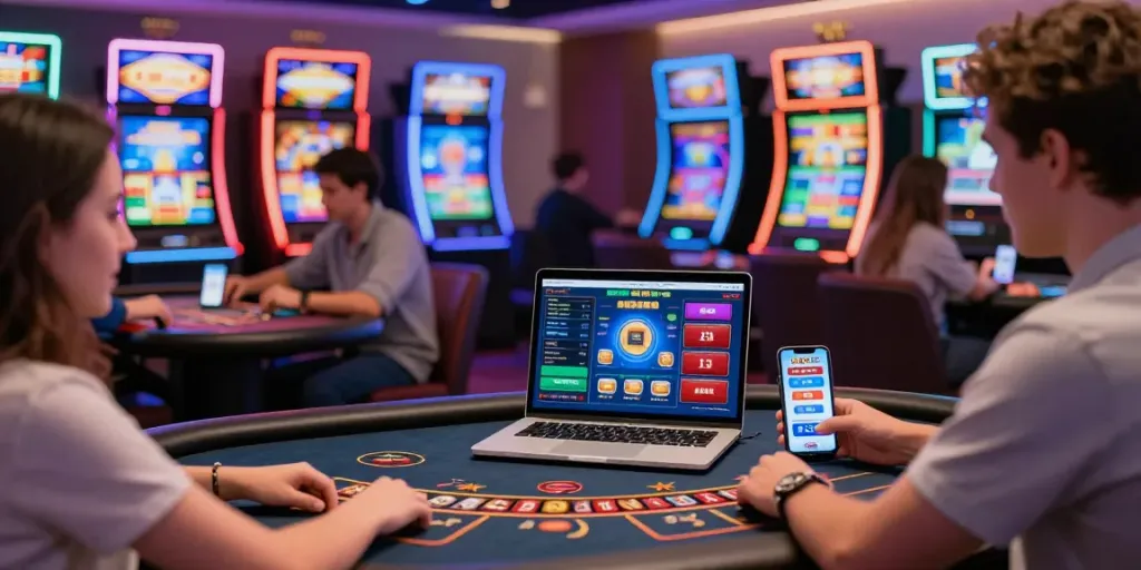 Players enjoying non gamstop casino games on laptops and mobile devices in a lively virtual setting.