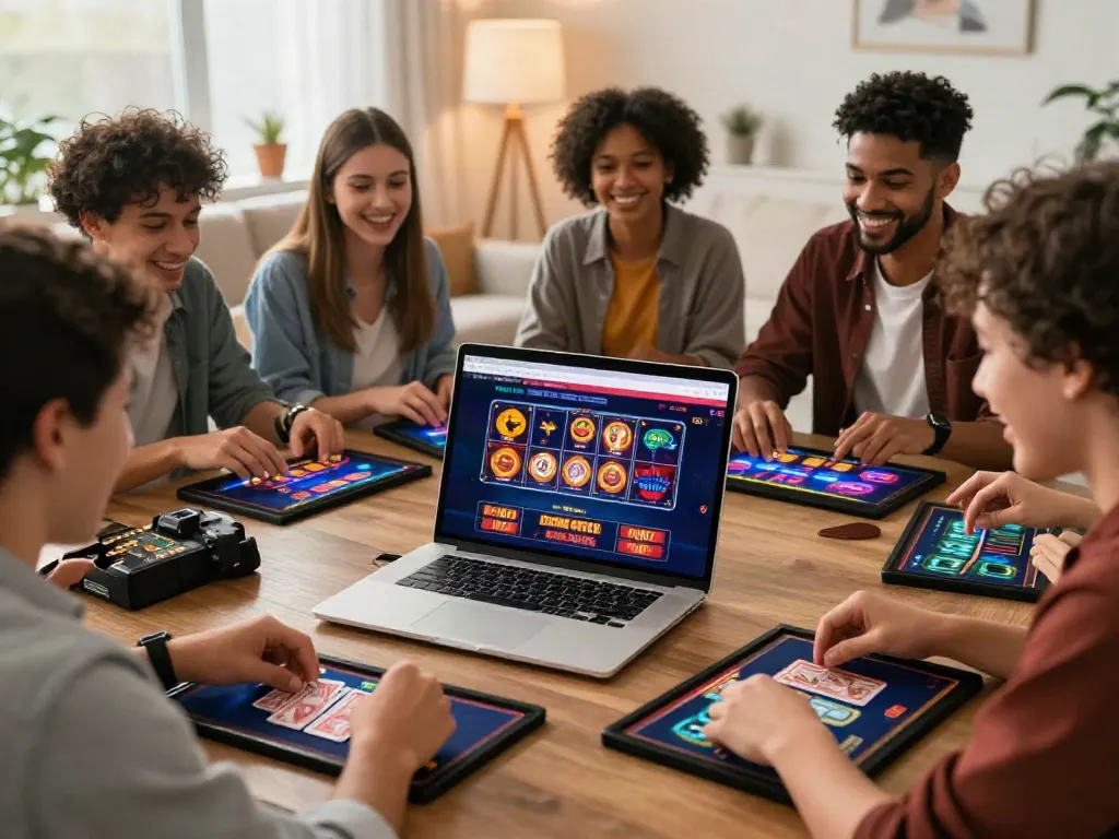 Social gaming experience at a non GamStop casino with friends enjoying diverse gaming options.