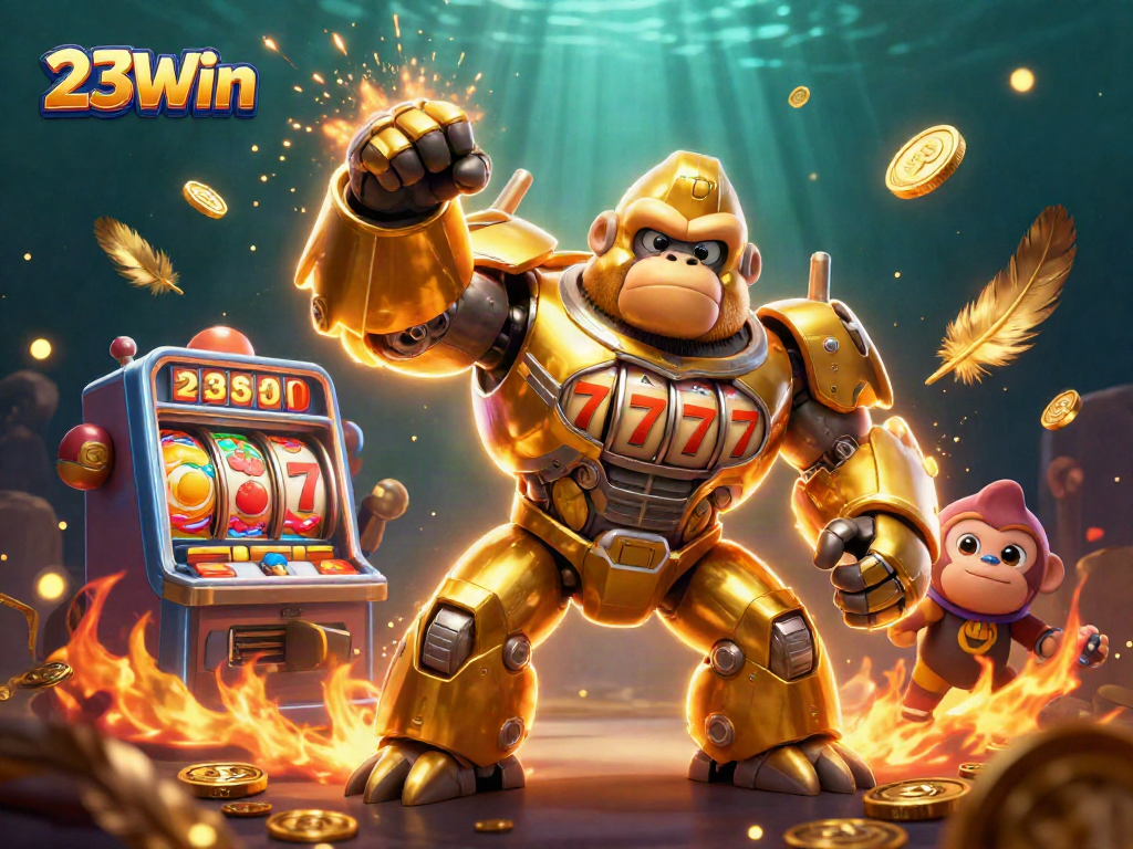 Spin for big wins at 23Win with this vibrant slot machine gorilla mech illustration.