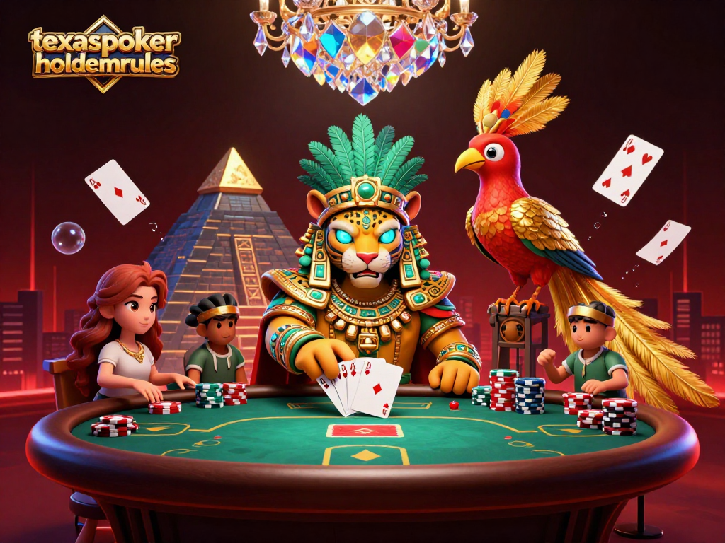 Engage in the thrilling game with texaspokerholdemrules at a vibrant poker table featuring a Mayan jaguar priest and floating elements.