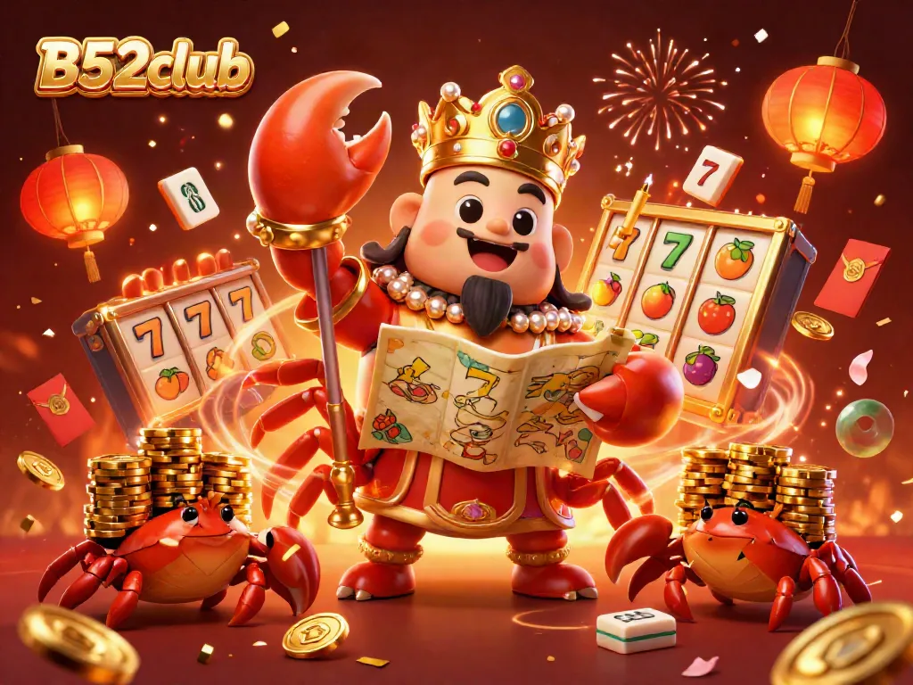 B52club showcases a vibrant 3D cartoon scene featuring a golden crab emperor amid spinning slot reels and festive elements, enhancing the gambling experience.