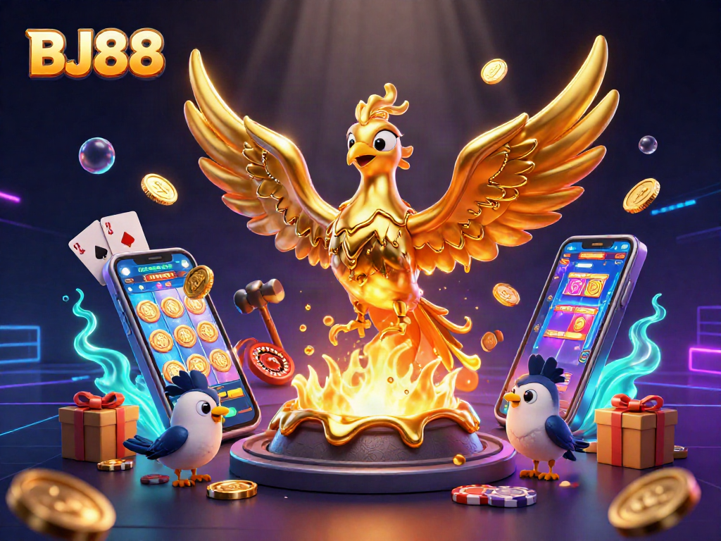 Engage with BJ88's dynamic gaming scene featuring a molten phoenix and vibrant casino elements.