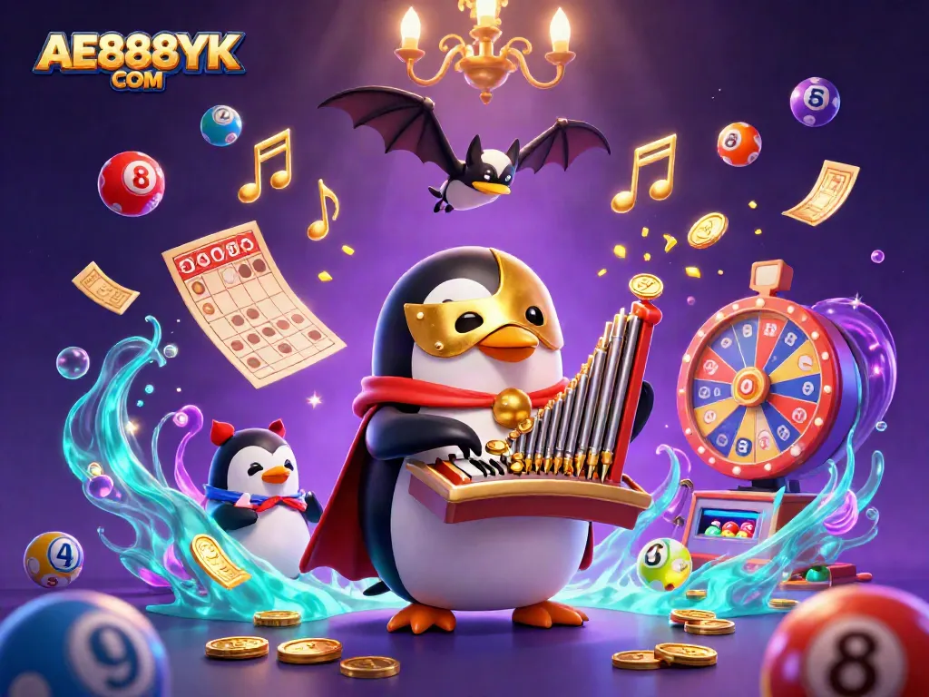 Experience thrilling gambling adventures with AE888YK COM, featuring dynamic casino-themed characters and elements.