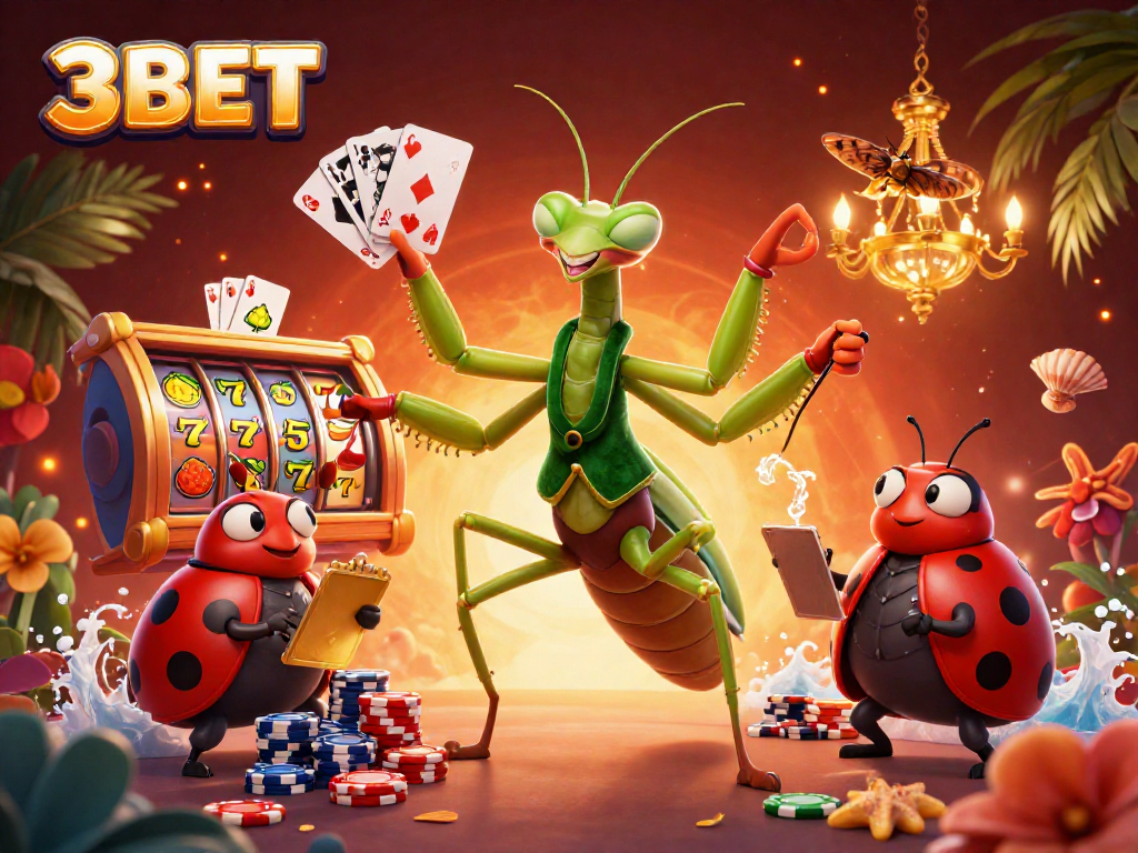 Engage with 3BET's thrilling casino experience featuring animated card dealers and vibrant slot games.