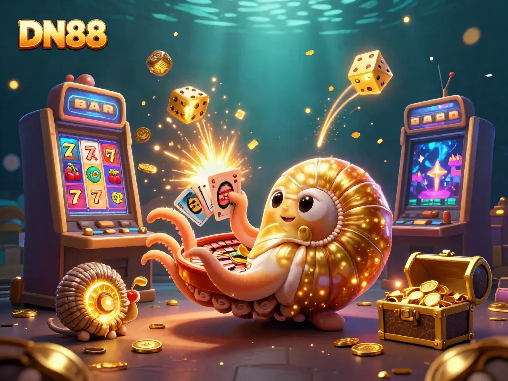 Experience the excitement of DN88 with a nautilus roulette wheel and vibrant casino elements.