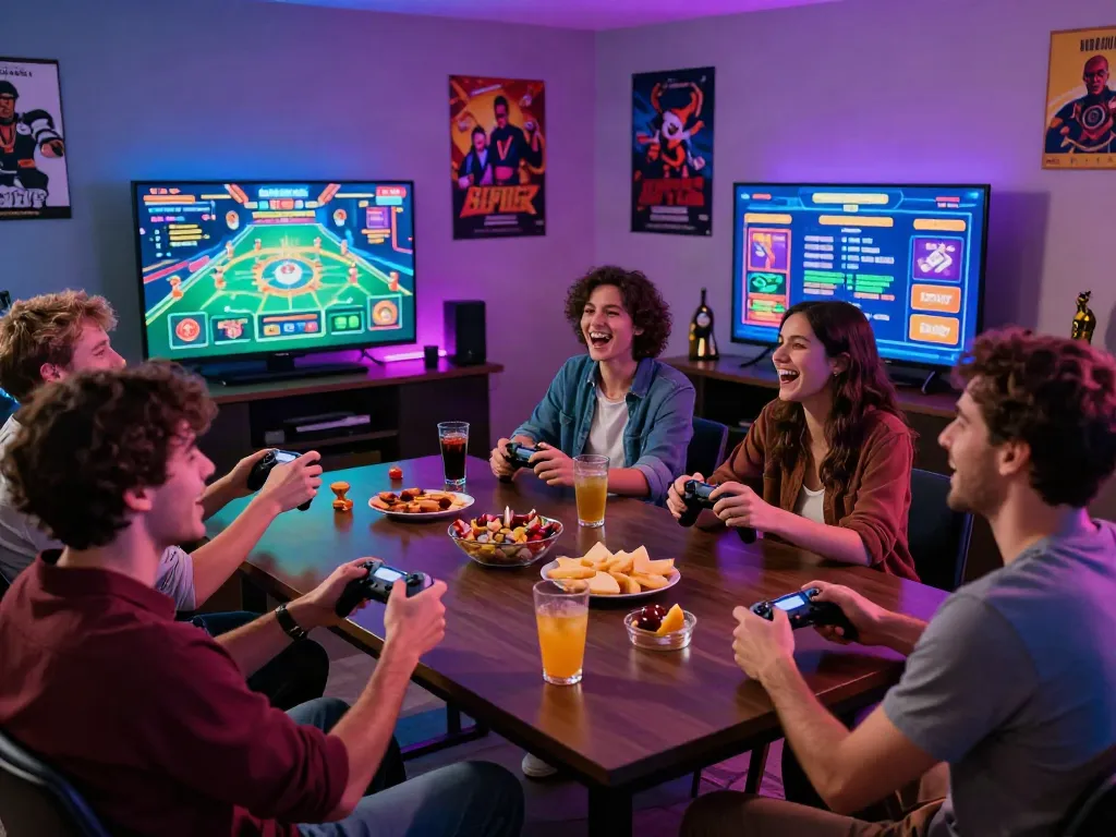 Friends enjoying gaming night featuring non GamStop casinos with vibrant LED lights.