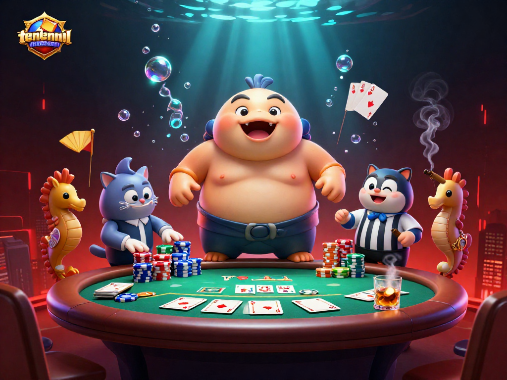 Engage in thrilling tienlenmiennam poker action with a vibrant 3D scene featuring lively characters.