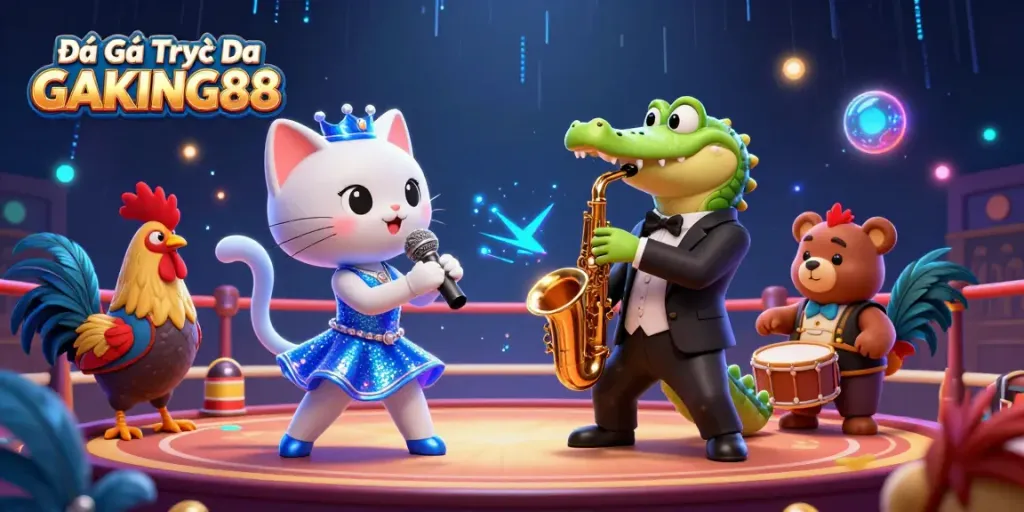 Engage in thrilling cockfighting battles with Đá Gà Trực Tiếp GAKING88 featuring dynamic cartoon characters.