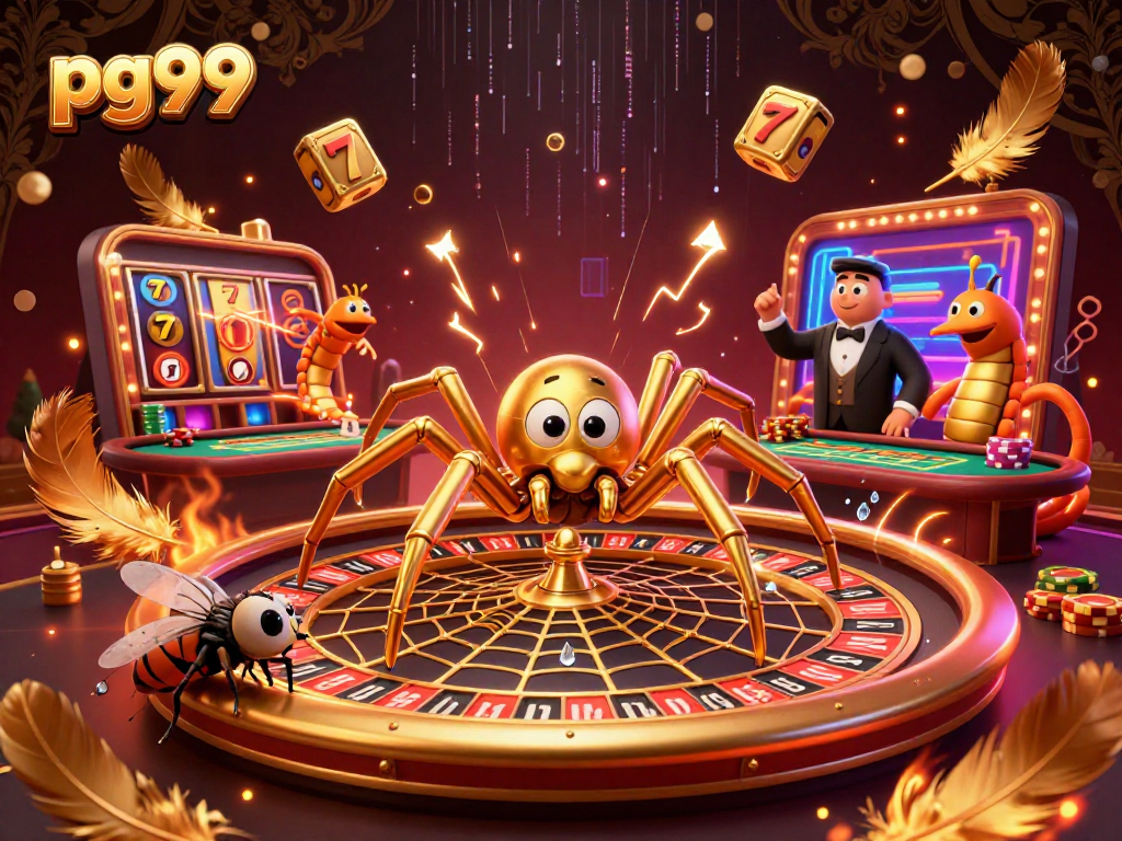 Experience pg99's thrilling bets amidst a golden spider and a centipede croupier in an exciting casino scene.